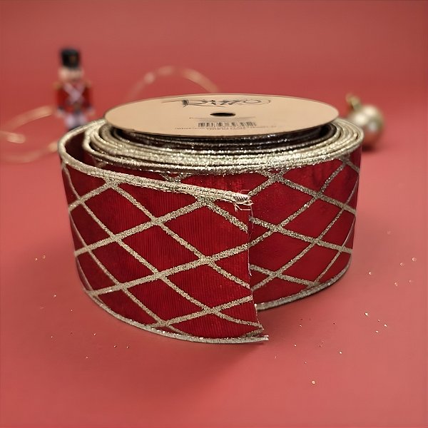 Fita Aramada Decorativa de Natal - Vermelho e Glitter Dourado - 6,3cm x 9,14m - 1 unidade - Rizzo