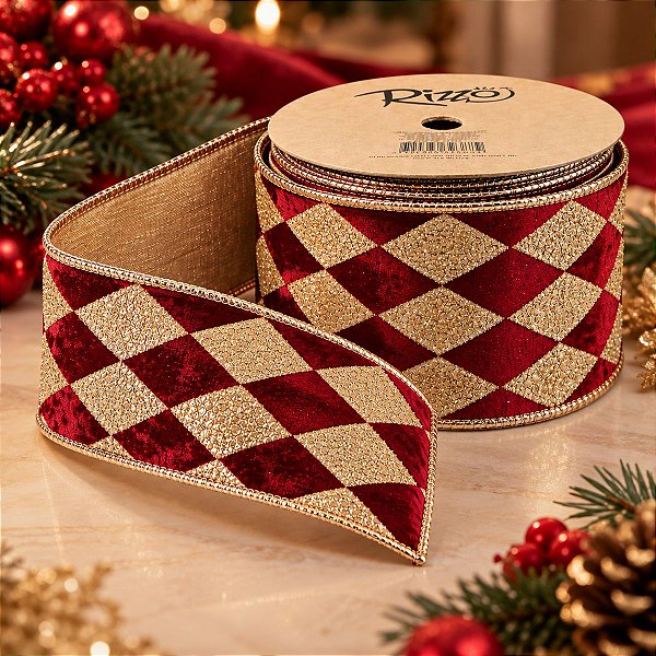 Fita Aramada Decorativa de Natal - Losango Vinho e Dourado - 6,3cm x 9,14m - 1 unidade - Rizzo