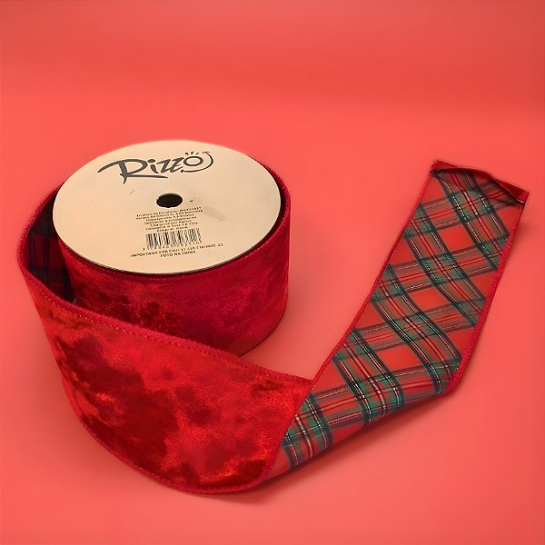 Fita Aramada Decorativa de Natal - Veludo Vermelho - 6,3cm x 9,14m - 1 unidade - Rizzo