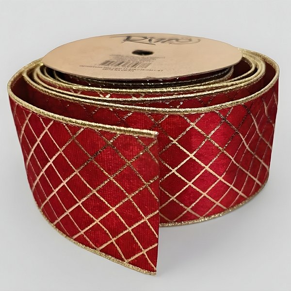Fita Aramada Decorativa de Natal - Quadriculado Vermelho e Ouro - 6,3cm x 9,14m - 1 unidade - Rizzo