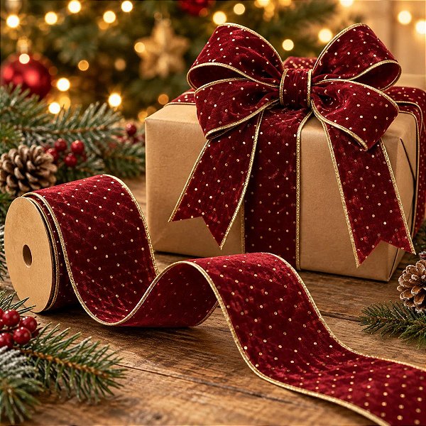 Fita Aramada Decorativa de Natal - Vermelha com Pingos Dourados - 6,3cm x 9,14m - 1 unidade - Rizzo