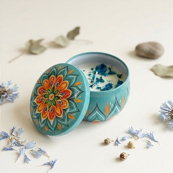 Vela Aromática - Lata Metálica Mandala - Verde Água e Laranja - 7cm - 1 unidade - Rizzo
