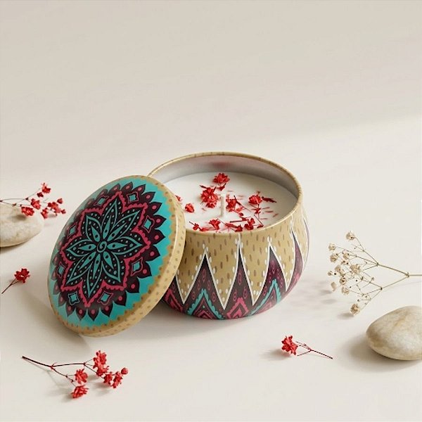 Vela Aromática - Lata Metálica Mandala - Bege - 7cm - 1 unidade - Rizzo