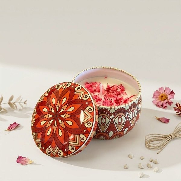Vela Aromática - Lata Metálica Mandala - Vermelho - 7cm - 1 unidade - Rizzo