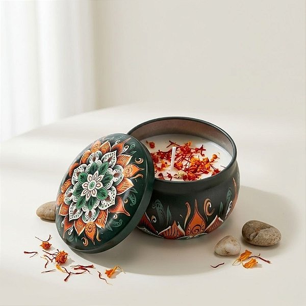 Vela Aromática - Lata Metálica Mandala - Verde Escuro - 7cm - 1 unidade - Rizzo