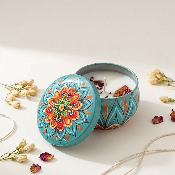 Vela Aromática - Lata Metalizada Mandala - Verde Água  e Laranja - 6cm - 1 unidade - Rizzo