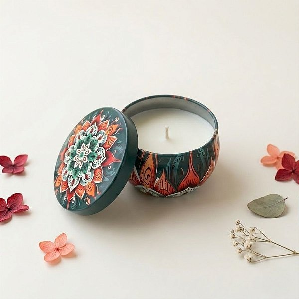Vela Aromática - Lata Metálica Mandala - Verde Escuro - 6cm - 1 unidade - Rizzo