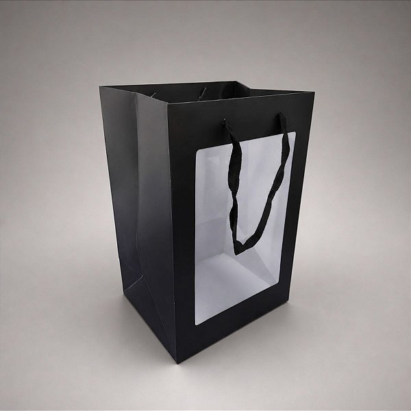 Sacola de Papel com visor PVC 35x25x18cm - Preta - 12 unidades - Rizzo