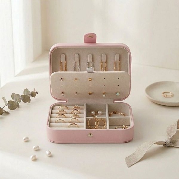 Porta Jóias Portátil com Botão - Rosa - 16cm - 1 unidade - Rizzo