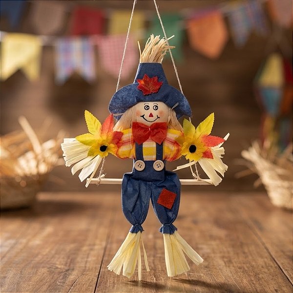 Enfeite Decorativo de Festa Junina Espantalho no Balanço - Azul - 31x16cm - 1 unidade - Cromus - Rizzo