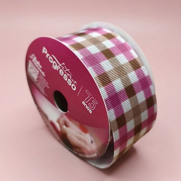 Fita de Cetim 38mm x 10m - Festa Junina Xadrez Marrom e Rosa - EGP009TR Cor 373 - Rolo 10m - 1 unidade - Progresso - Riz