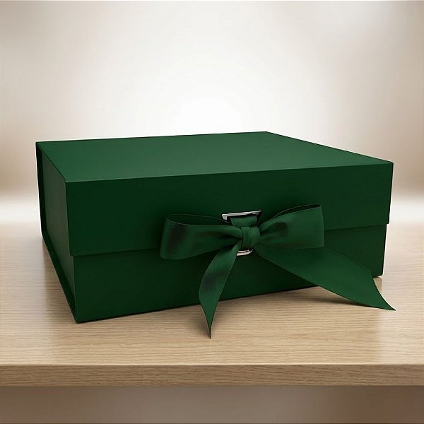Caixa de Papel Rígido Retangular com Imã e Fita  - Verde Escuro - M 28,2x20,2x9,2cm - 1 unidade - Rizzo