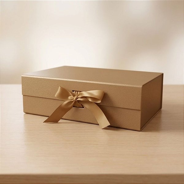 Caixa de Papel Rígido Retangular com Imã e Fita  - Ouro Chique - P 20x18x8cm - 1 unidade - Rizzo