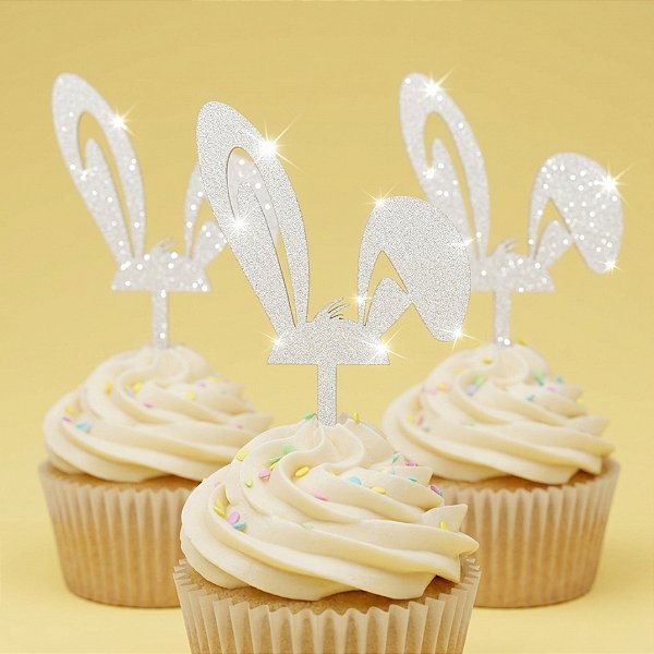 Topo de Bolo - Orelha de Coelho com Glitter - Branco - 10cm - 3 unidades - Sonho Fino - Rizzo