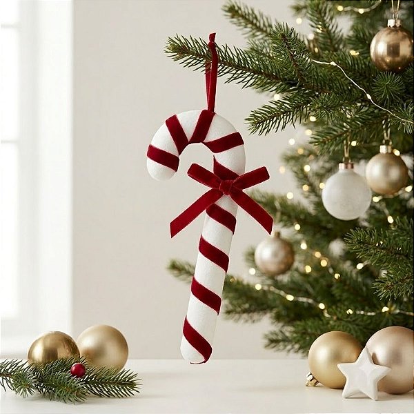 Enfeite Para Pendurar de Natal - Bengala Doce - Veludo - 14cm - 1 unidade - Rizzo