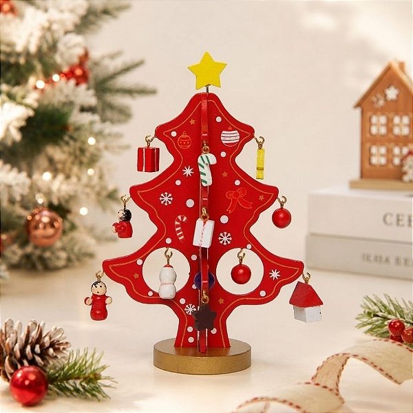 Enfeite de Madeira - Árvore de Natal Vermelha - 14x10,5cm - 1 unidade - Rizzo