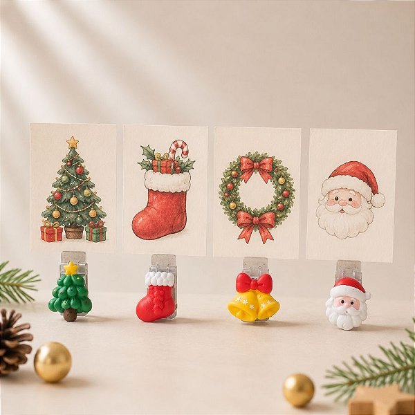 Mini Prendedor de Natal - Papai Noel, Árvore, Meia e Sinos - 2,5x1cm - 4 unidades - Rizzo
