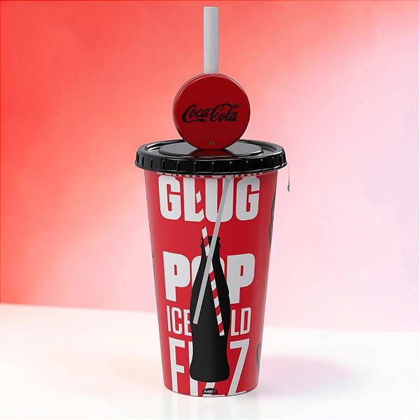 Copo de Plástico com Tampa e Canudo Pin Coca Cola - Vermelho - 500ml - 1 unidade - Plasútil - Rizzo