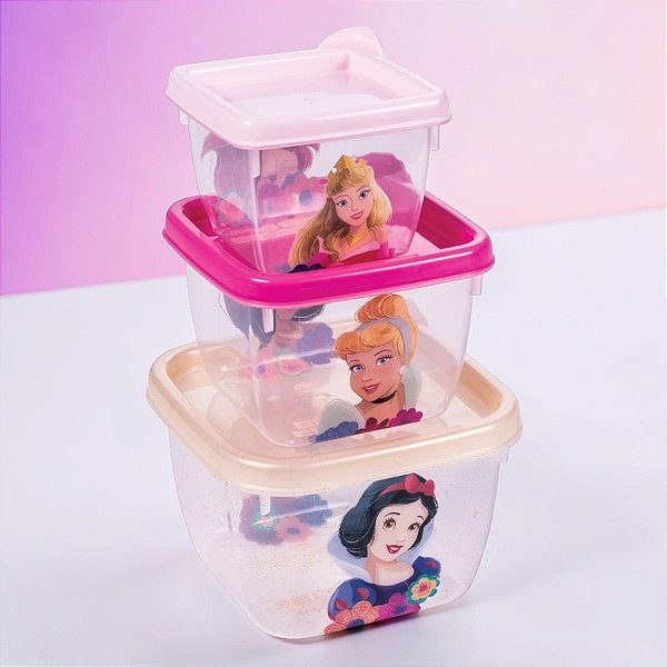 Kit 3 Potes de Plástico Quadrado - Princesas - Disney Original - 1 unidade - Plasútil - Rizzo