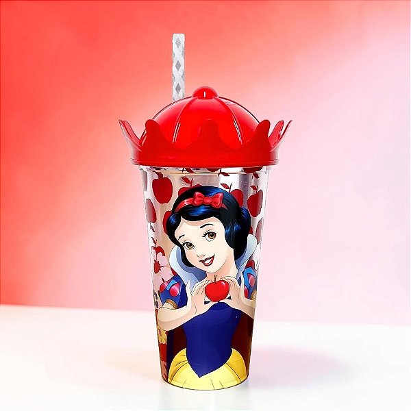 Copo com Canudo e Tampa Coroa - Branca de Neve - 500ml - Disney Original - 1 unidade - Plasútil - Rizzo