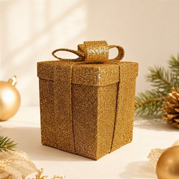 Caixa de Presente Decorativa para Cenário - Dourado Glitter - 15cm - 1 unidade - Rizzo
