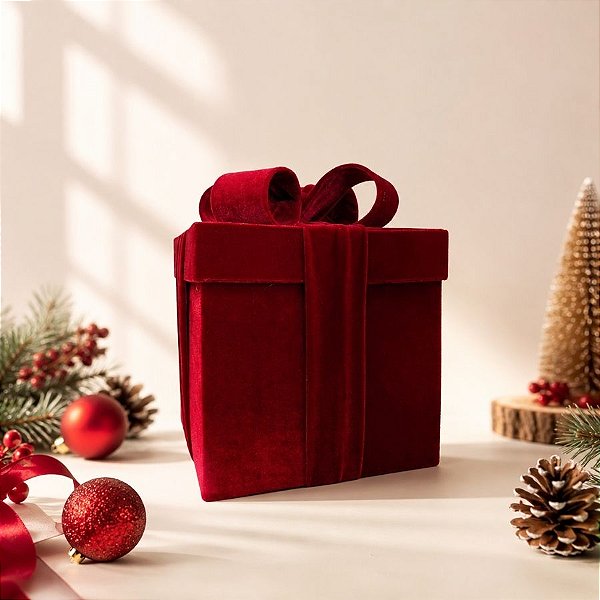 Caixa de Presente Decorativa para Cenário - Vermelha Veludo - 20cm - 1 unidade - Rizzo