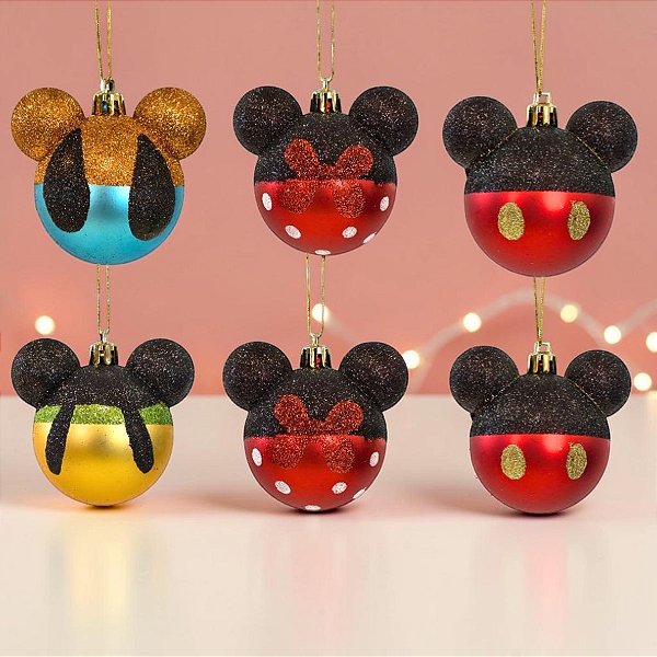 Bola de Natal - Turma do Mickey - Glitter - 6cm - Disney Original - 6 unidades - Cromus - Rizzo