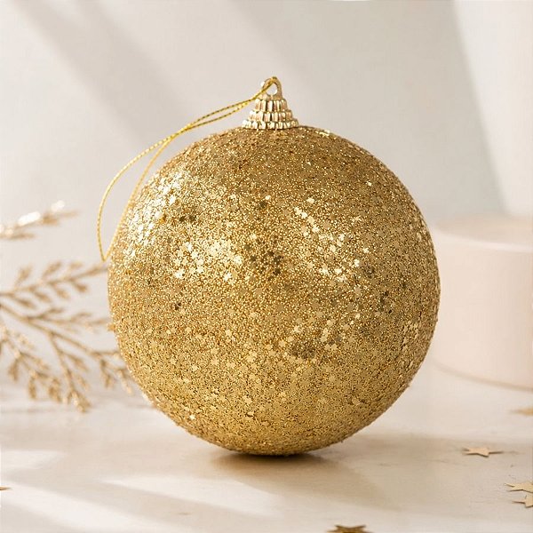 Bola de Natal - Trabalhada Dourado com Gliter e Lantejoulas - 12cm - 2 unidades - Cromus - Rizzo