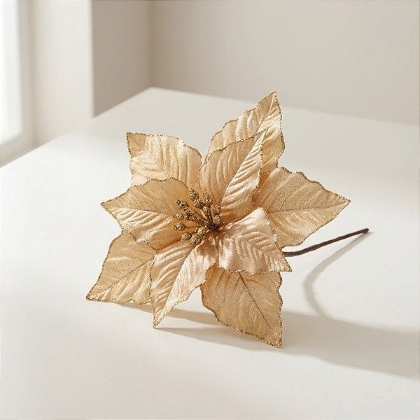 Poinsétia Decorativa - Bege e Dourada com Glitter - 46,5cm - 1 unidade - Cromus - Rizzo