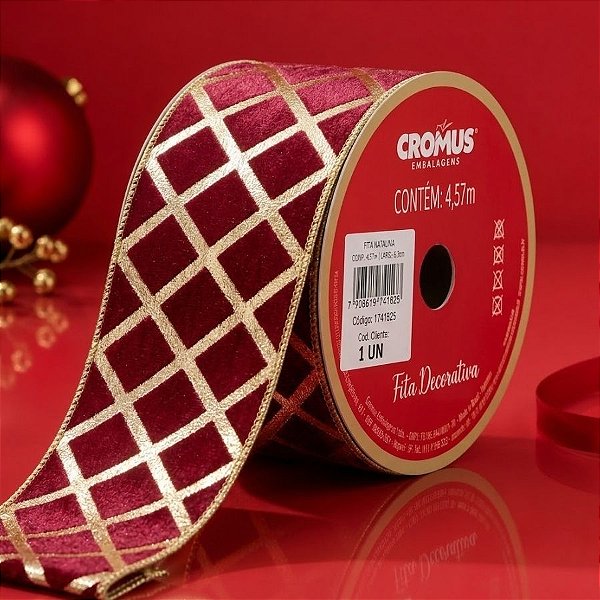 Fita Aramada Decorativa de Natal Veludo - Vermelho Com Arabescos Dourados -  4,57m - 1 unidade - Cromus - Rizzo