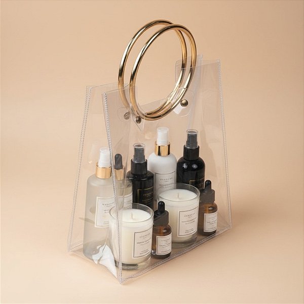 Sacola Transparente PVC com Alça Redonda de Metal - Dourado - 24x22x11cm - 1 unidade - Cromus - Rizzo
