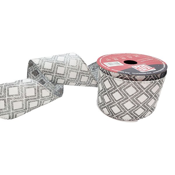 Fita Decorativa - Quadrados Prata e Branco - 6,3cm - 1 unidade - Rizzo