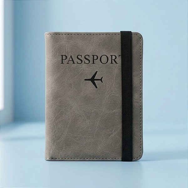 Porta Passaporte em Couro PU com Elástico - Cinza - 14,8x11cm - 1 unidade - Rizzo