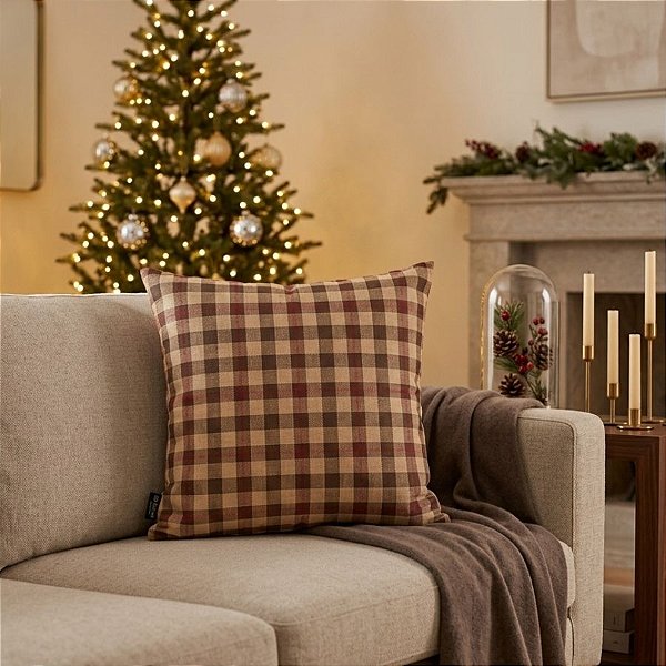 Almofada de Natal - Quadriculada Marrom e Vermelha - 43x43cm - 1 unidade - Rizzo