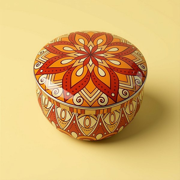 Lata De Metal Estampa De Mandala - Laranja e Vermelho - 7x7x4cm - 130ml - 1 unidade - Rizzo