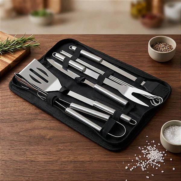 Kit De Churrasco Com 8 Peças em Aço Inox Com Estojo - 1 unidade - Rizzo