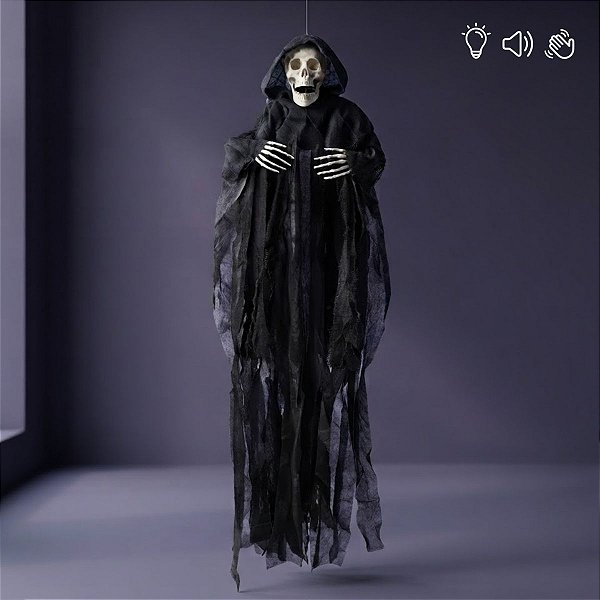 Enfeite Decorativo De Halloween Com Som, Luz e Movimento - Caveira Claus - 1,15m - 1 unidade - Cromus - Rizzo