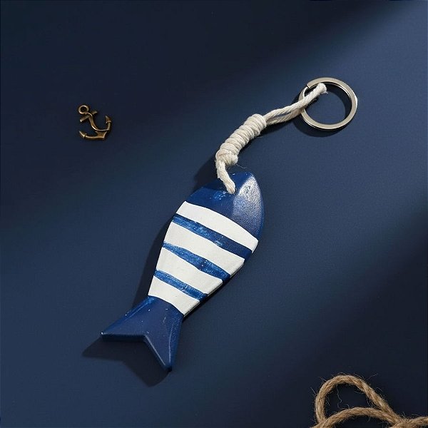 Enfeite Decorativo de Madeira - Chaveiro de Peixe - Azul Escuro - 8x3,5cm - 1 unidade - Rizzo