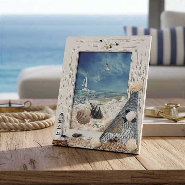 Porta Retrato em Madeira - Farol e Peixe - 24x18,5cm - 1 unidade - Rizzo