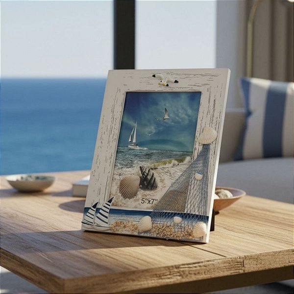 Porta Retrato em Madeira - Barco e Concha - 24x18,5cm - 1 unidade - Rizzo