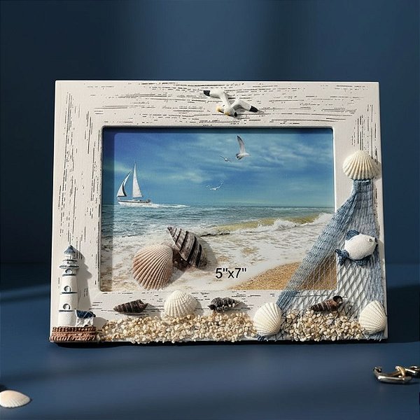 Porta Retrato em Madeira - Farol e Gaivota - 24x18,5cm - 1 unidade - Rizzo