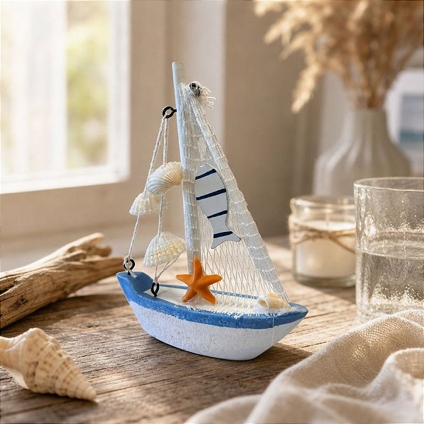 Enfeite Decorativo de Madeira - Barco Decorativo com Conchas e Estrela - 15x11cm - 1 unidade - Rizzo