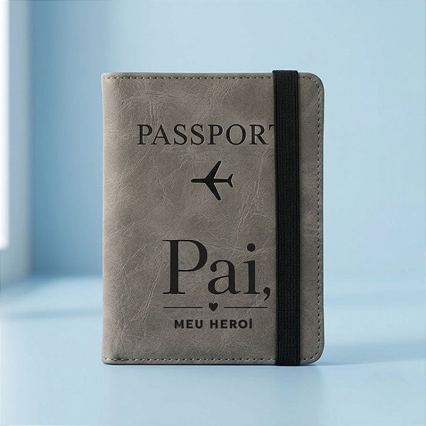 Porta Passaporte em Couro PU com Elástico Personalizado Pai Herói - Cinza - 14,8x11cm - 1 unidade - Rizzo