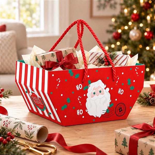 Cesta de Cartão Com Alça de Natal - Polo Norte - 25x15cm - 1 unidade - Cromus - Rizzo