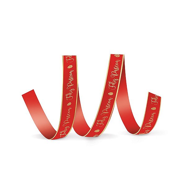 Fita de Cetim Decorada Hot Stamping Feliz Páscoa Vermelho 15mm - 10 metros - Cromus
