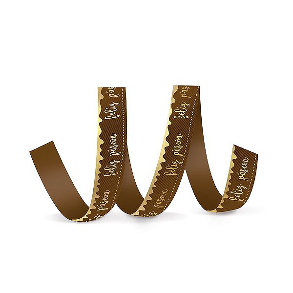 Fita de Cetim Decorada Hot Stamping Feliz Páscoa Marrom 15mm - 10 metros - Cromus - Rizzo Embalagens