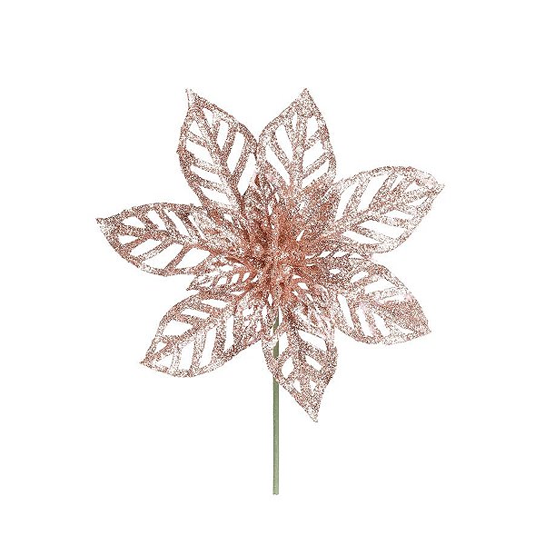 Flor Cabo Curto Vazada Poinsettia Rose Gold Glitter 20cm - 01 unidade - Cromus Natal - Rizzo