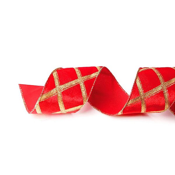 Fita Aramada Losangos - Vermelho e Ouro - 3,8cm x 9,14m  - 1 unidade - Cromus - Rizzo