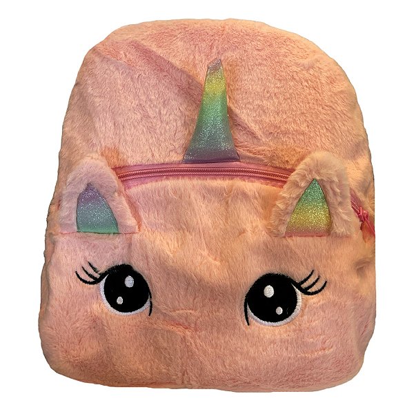 Mochila de Pelúcia Unicórnio Olhos Grandes - Rose - 30x35cm - 1 unidade - Rizzo