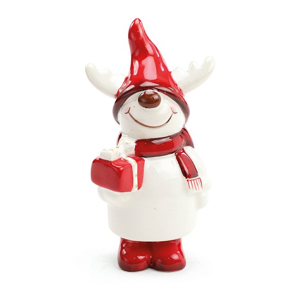 Rena Decorativa com Gorro e Cachecol - Branco/Vermelho/Marrom - 14cm - 1 unidade - Cromus - Rizzo